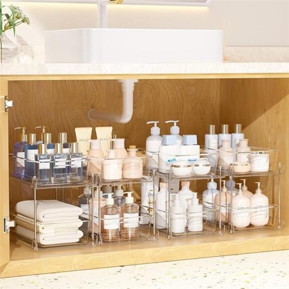 2 Tier Bathroom Storage Organizer, 4 Pack Clear Under Sink Organizers - Picture 7 of 7